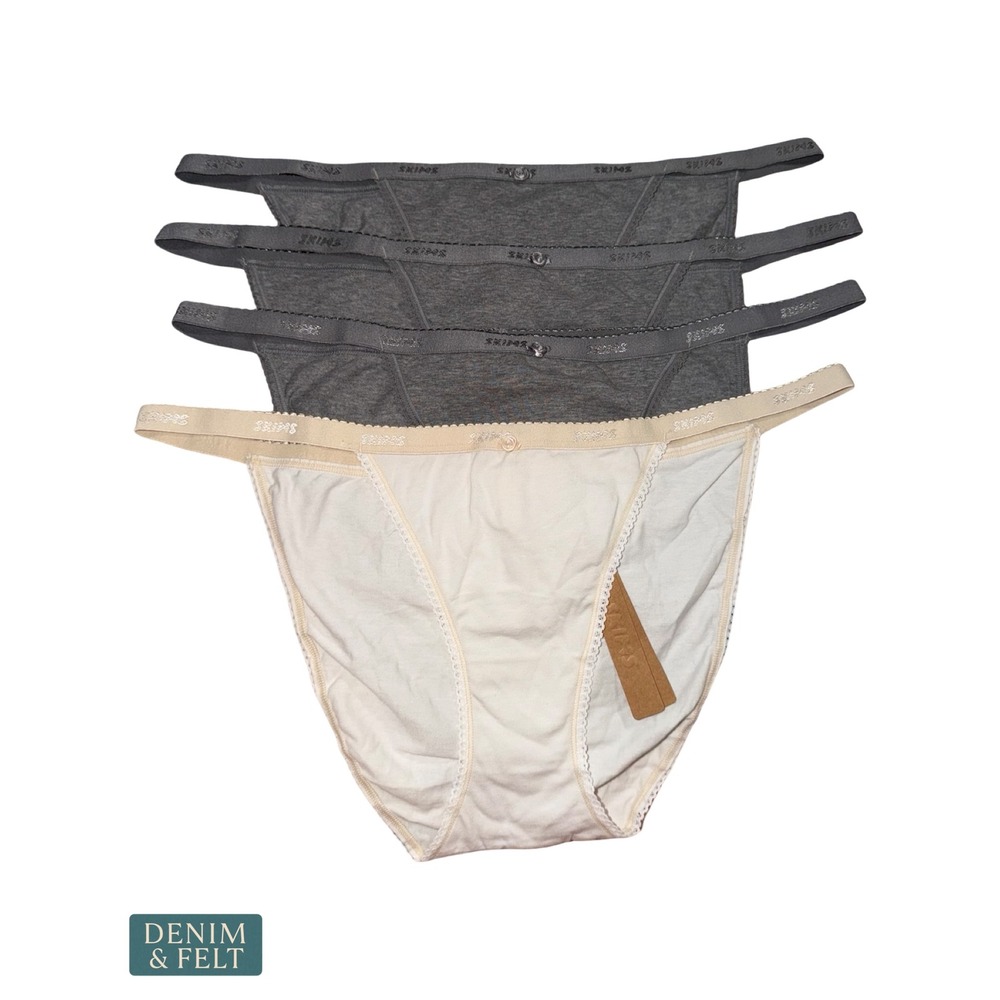 NEW SKIMS 4 Pair Cotton Logo String Bikini Underwear Dark Heather Gray & Marble